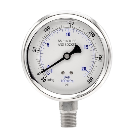 Pro 4 in Dial, 30 in Hg Vac/0/300 PSI & Bar, 1/2 in NPT, Lower Mount Glycerin Filled Pressure Gauge PRO-301L-402CH-01